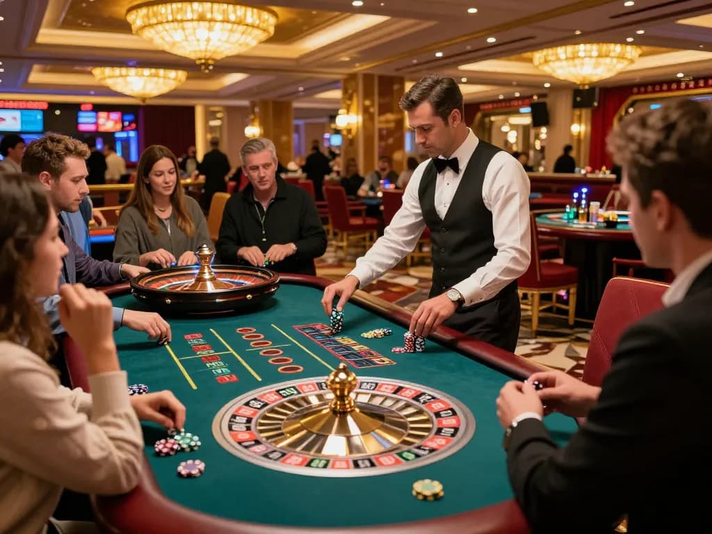 Players engaging in roulette at sc8885 casino with vibrant atmosphere and professional croupier action.