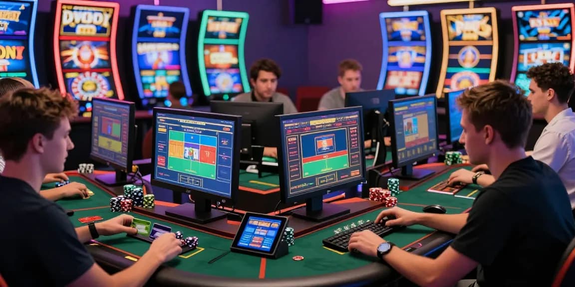 Exciting credit card casinos scene with players engaging in online gaming and deposits.