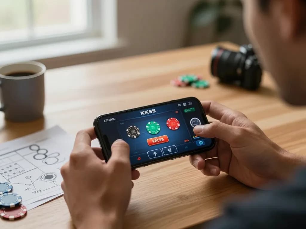 Player engaging with KK55 app on smartphone, showcasing strategic gameplay and responsible gambling.