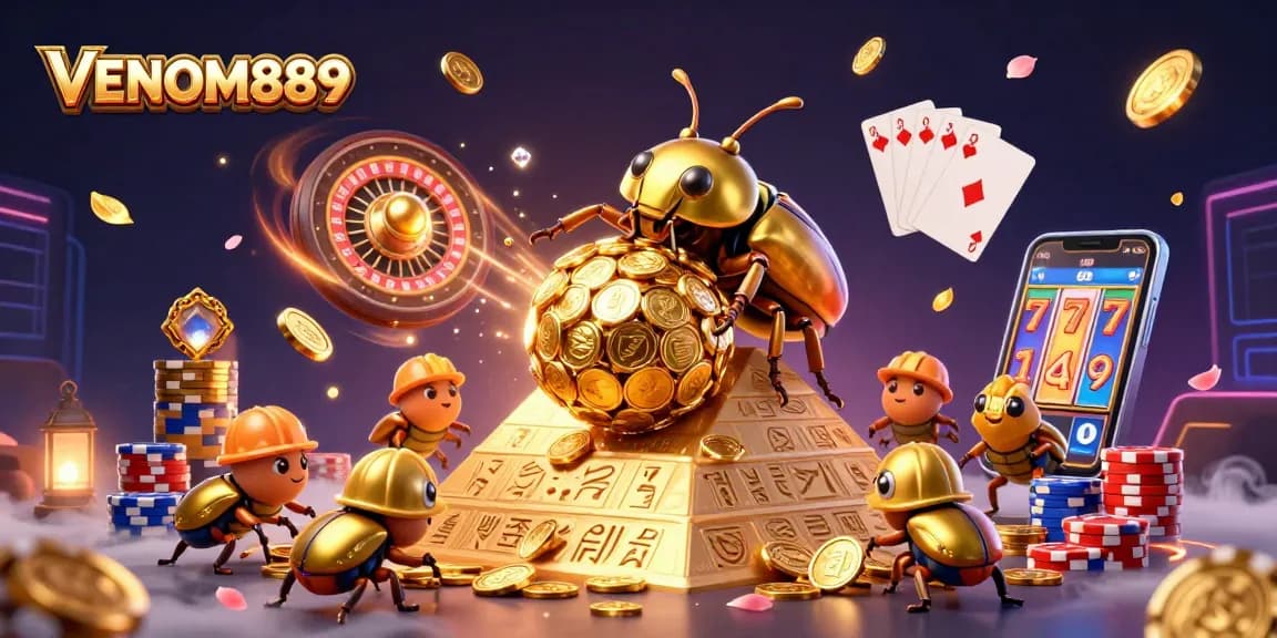 Spin wins with VENOM889 featuring golden coins and dynamic casino symbols in a vibrant 3D scene.