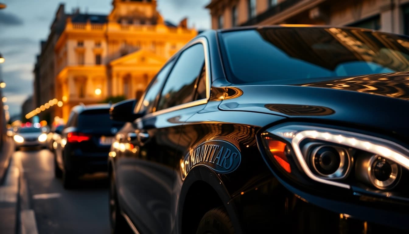 Experience luxury Chauffeur Nottingham service with a sleek black car in a vibrant city setting.