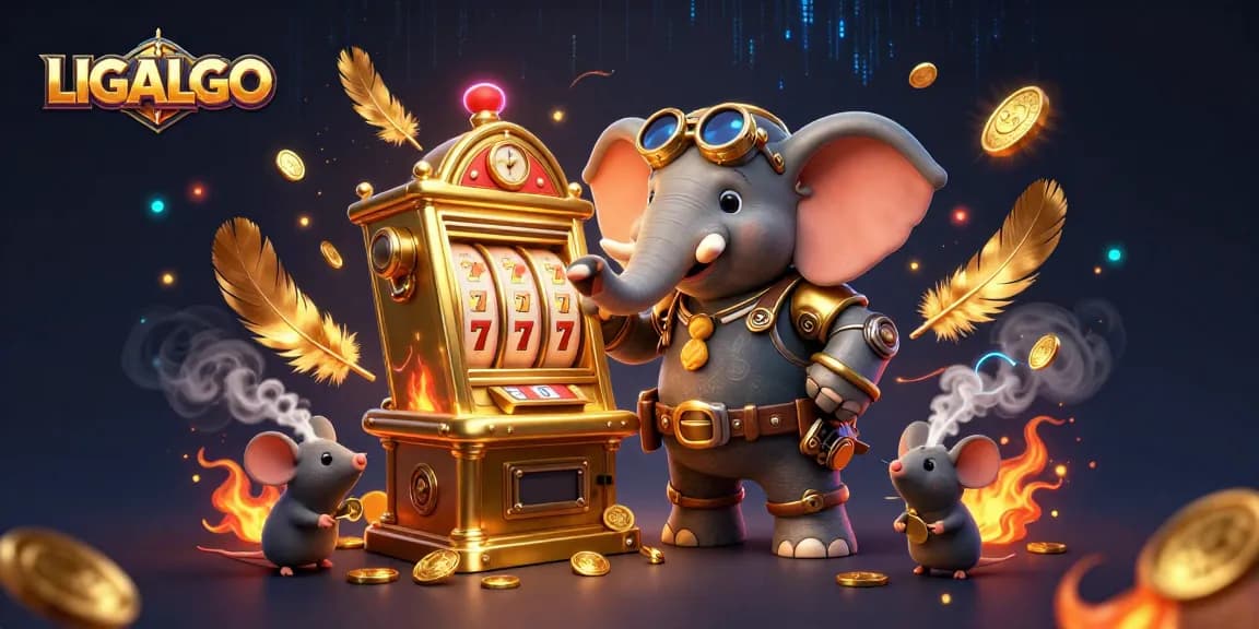 LIGALGO slots come alive as a steampunk elephant expertly operates a golden slot machine within a vibrant, detailed casino scene.