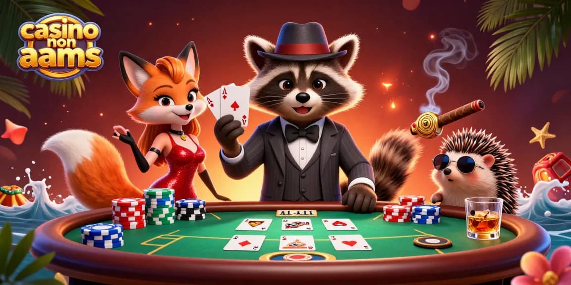 Illustrazione coinvolgente di casino non AAMS che mostra un procione che tiene un poker reale circondato da elementi di gioco vivaci.