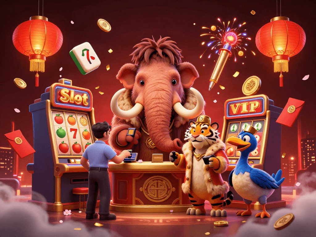Engaging Slot scene with a woolly mammoth bouncer, saber-tooth tiger VIP, and dodo doorman, surrounded by colorful game elements.
