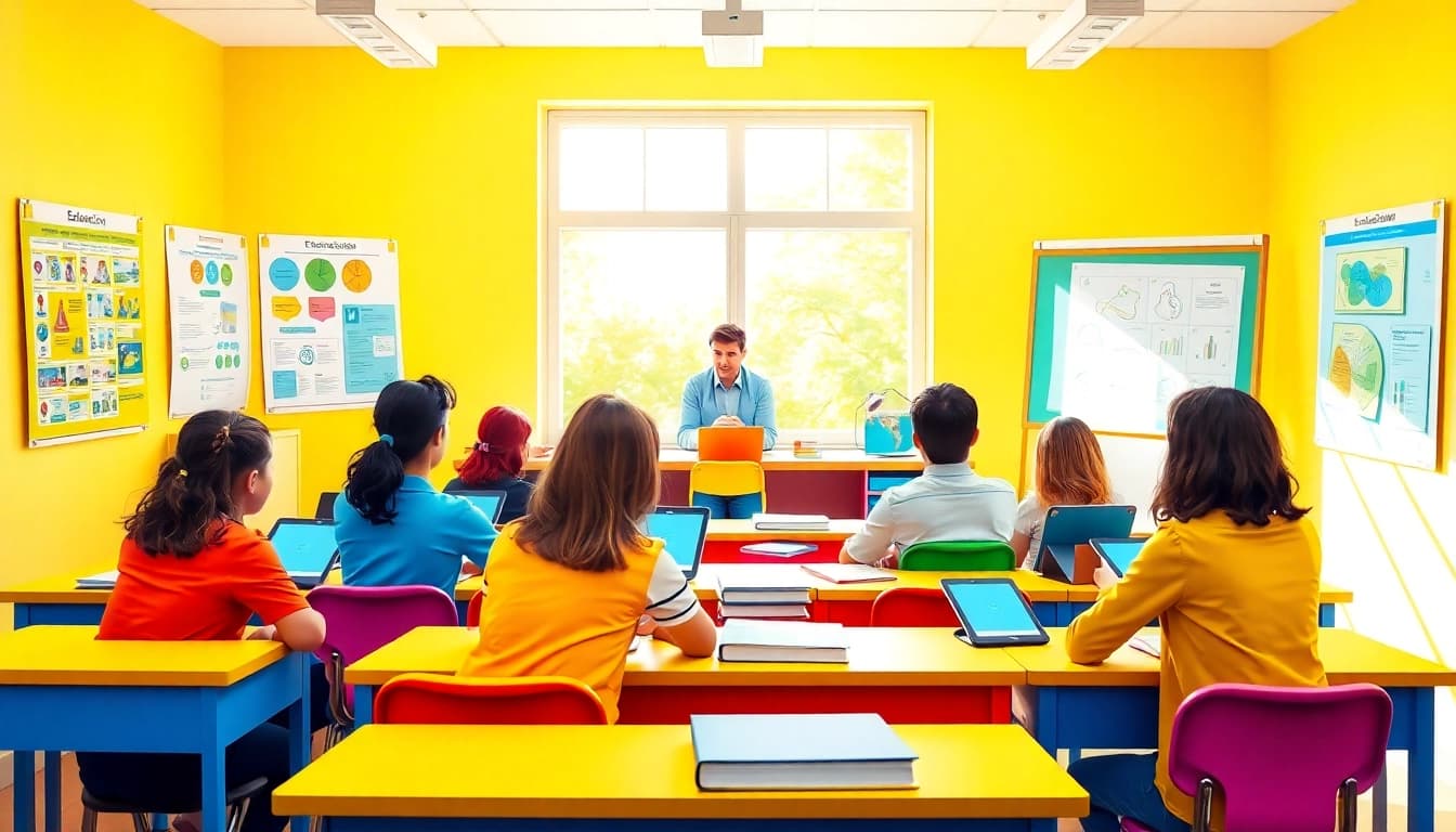 Students collaborating in an interactive Education session in a bright classroom