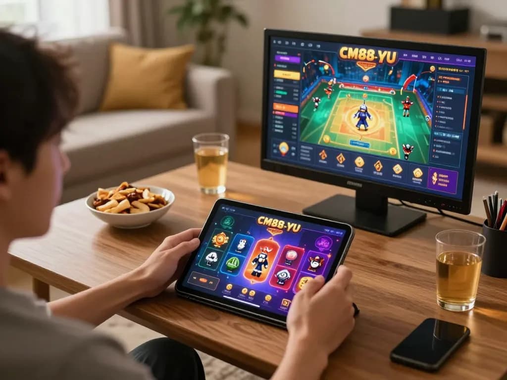 Player enjoying cm88-yu casino app on tablet in a cozy atmosphere, focused on winning.