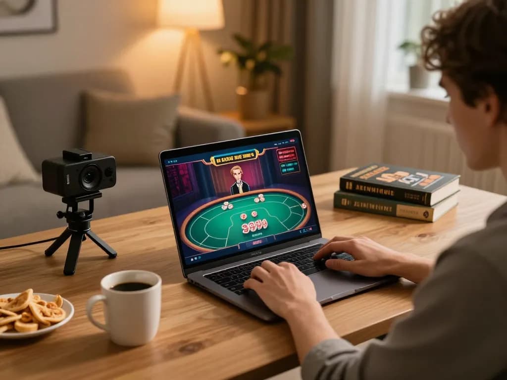 Player engaging with 388bet poker game on laptop in a cozy home office.