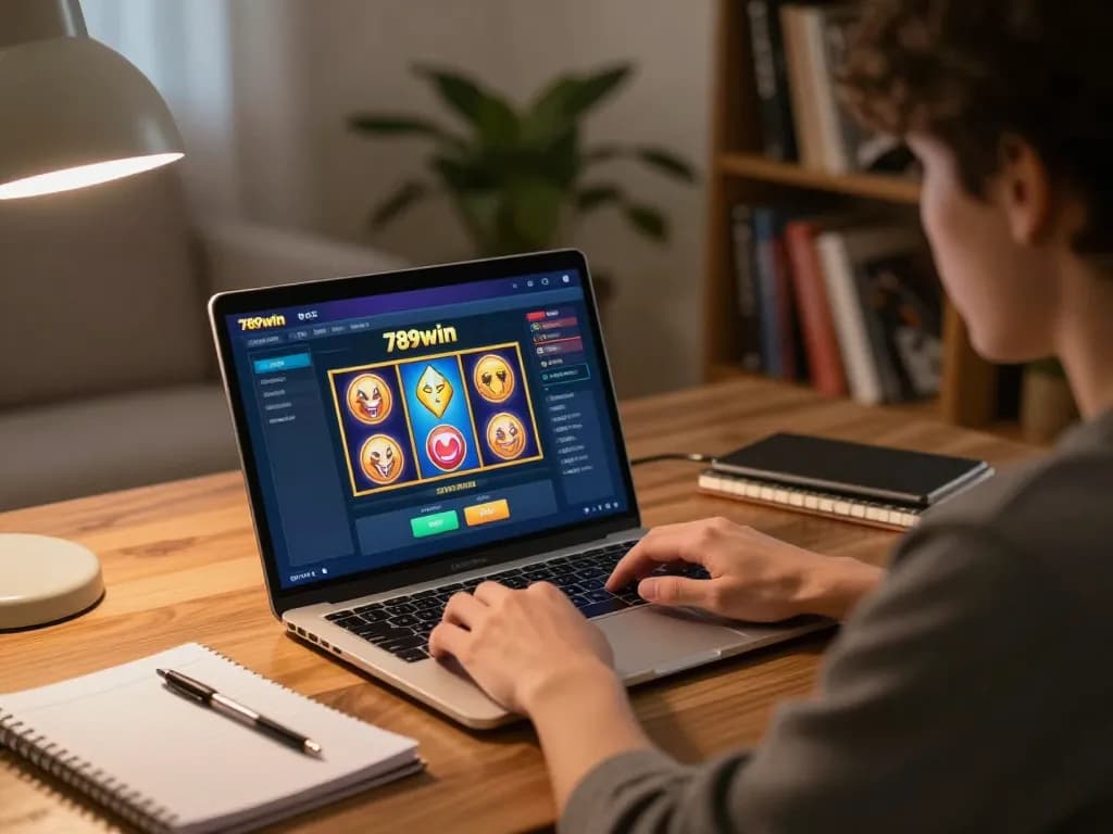 Engaging scene with a user interacting with the 789win link on their laptop, capturing the essence of responsible online gambling.