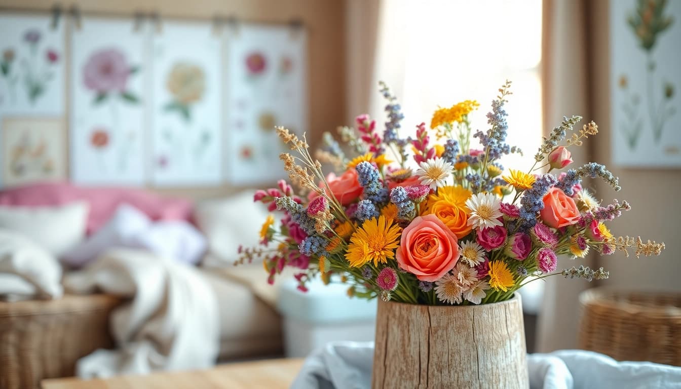 Arrange dried blooms in a rustic vase surrounded by natural elements to create a warm atmosphere.