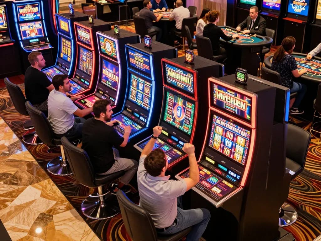 Player celebrating a win at slot machines with a slot bet 200, colorful casino ambiance around