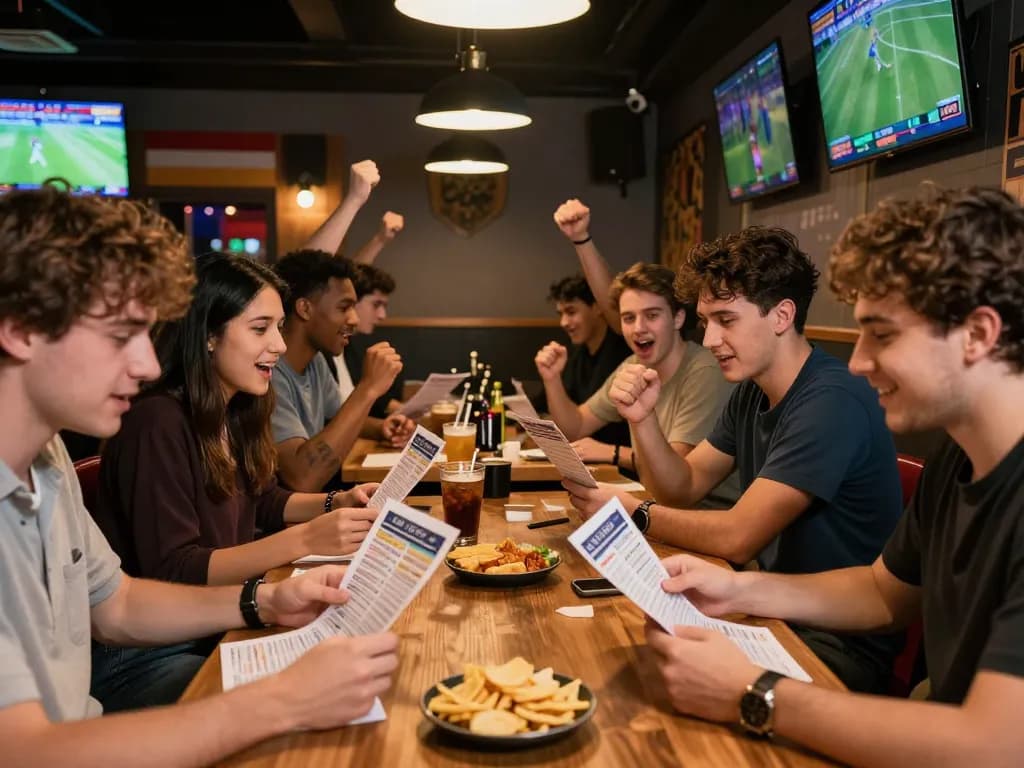 Engaged friends analyzing bets at c168-co while enjoying a live sports event in a lively bar setting