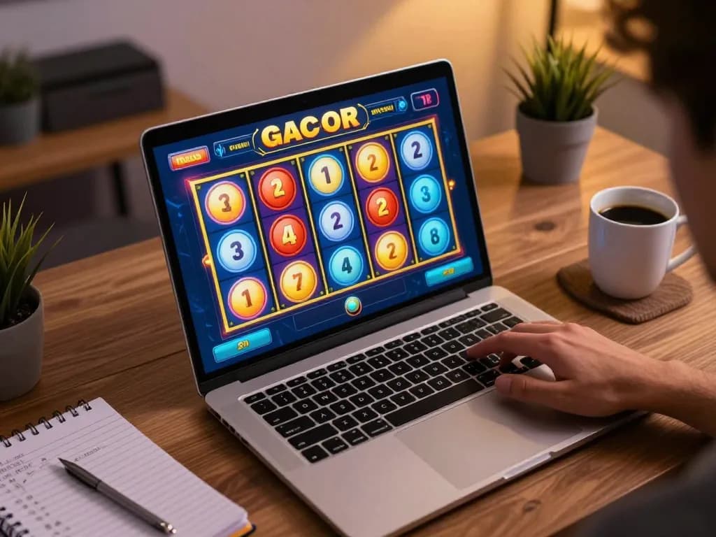 Pemain terlibat dengan antarmuka permainan slot gacor di laptop, fokus pada strategi dan kemenangan.