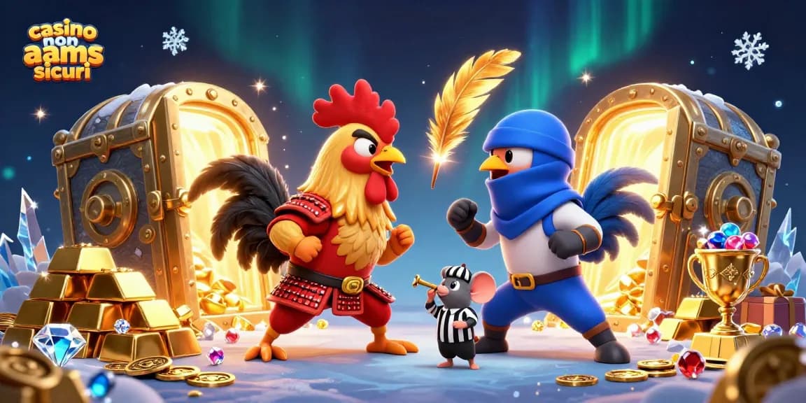 Cattura l'azione nei migliori casino non AAMS sicuri con una scena vivace e dettagliata, in cui due galli in armature diverse affrontano un giudice topolino.