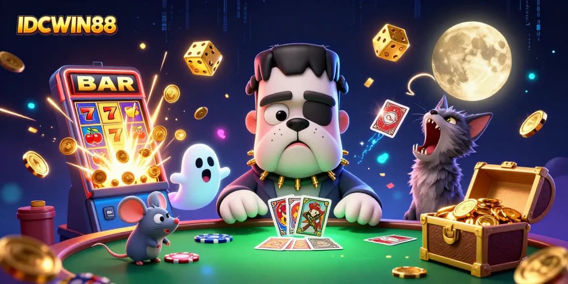 IDCWIN88 showcase elite gaming atmosphere with dynamic characters and vibrant casino elements.