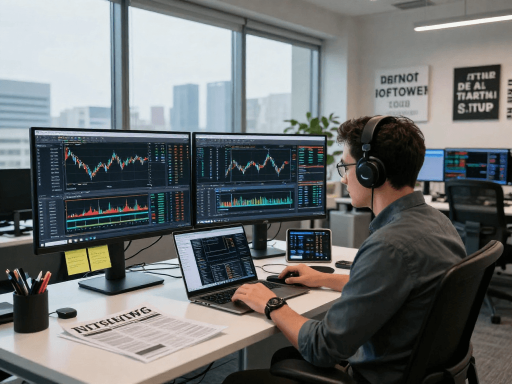 Trader using TradingView on multiple screens in a modern office, focusing on market analysis and trends.