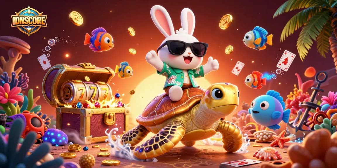IDNSCORE showcases excitement in a vibrant 3D casino scene with a lucky rabbit and golden turtle