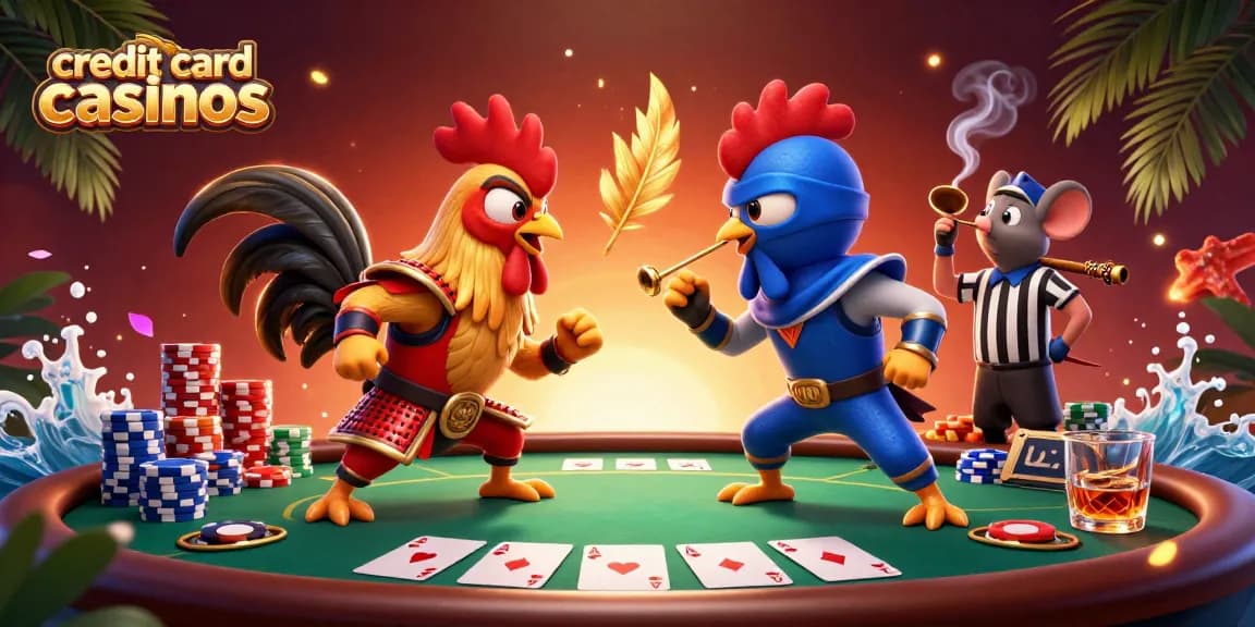 Compete at credit card casinos with action-packed poker scene featuring fighting roosters and vibrant game elements.