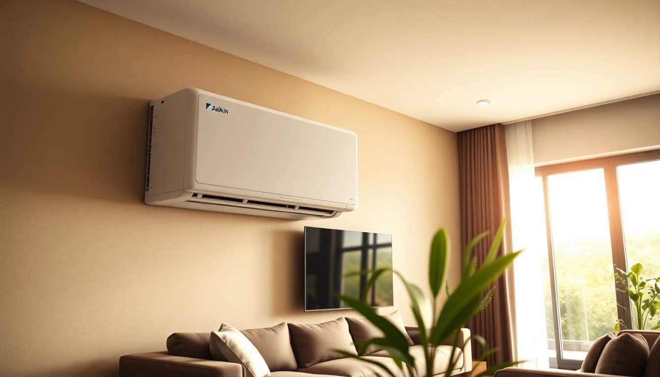 Efficient daikin mini split ac unit stylishly installed in a modern living room, showcasing its sleek design.