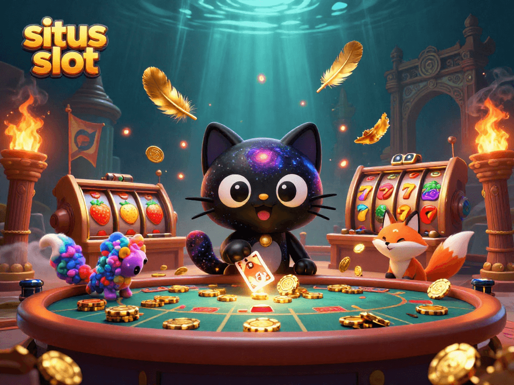 Gambarlah situs slot yang menarik dengan kucing hitam berputar dan simbol buah bersinar.