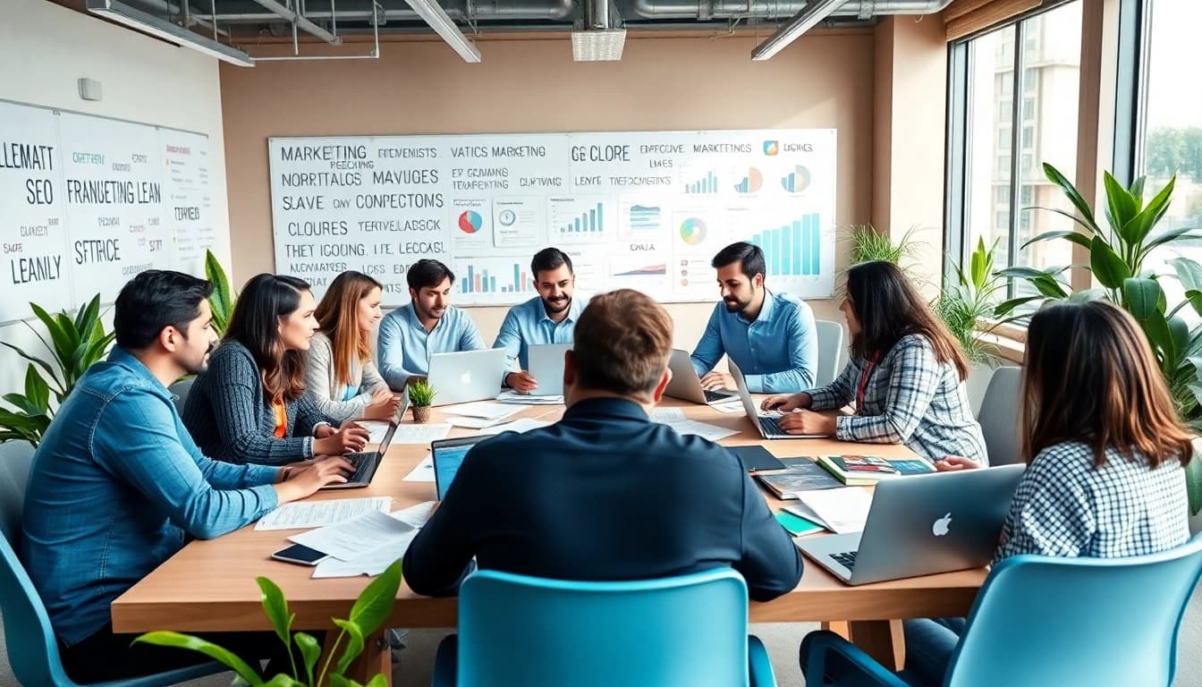 Team from a local SEO company collaborating on marketing strategies in a modern office.