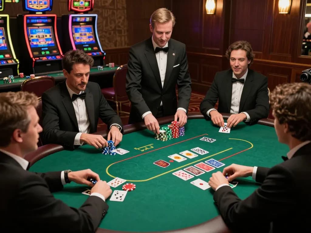 Kubet players engaged in a thrilling poker game at an upscale casino table highlighting strategy and excitement.