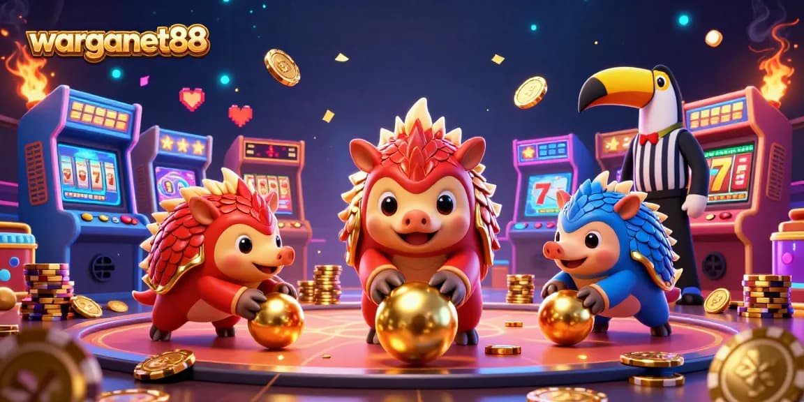 Play the exciting warganet88 slots with animated pangolins bowling through poker chips.