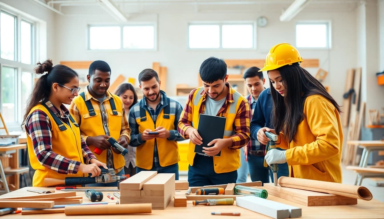 Students at construction trade schools in texas engaged in hands-on learning with tools.