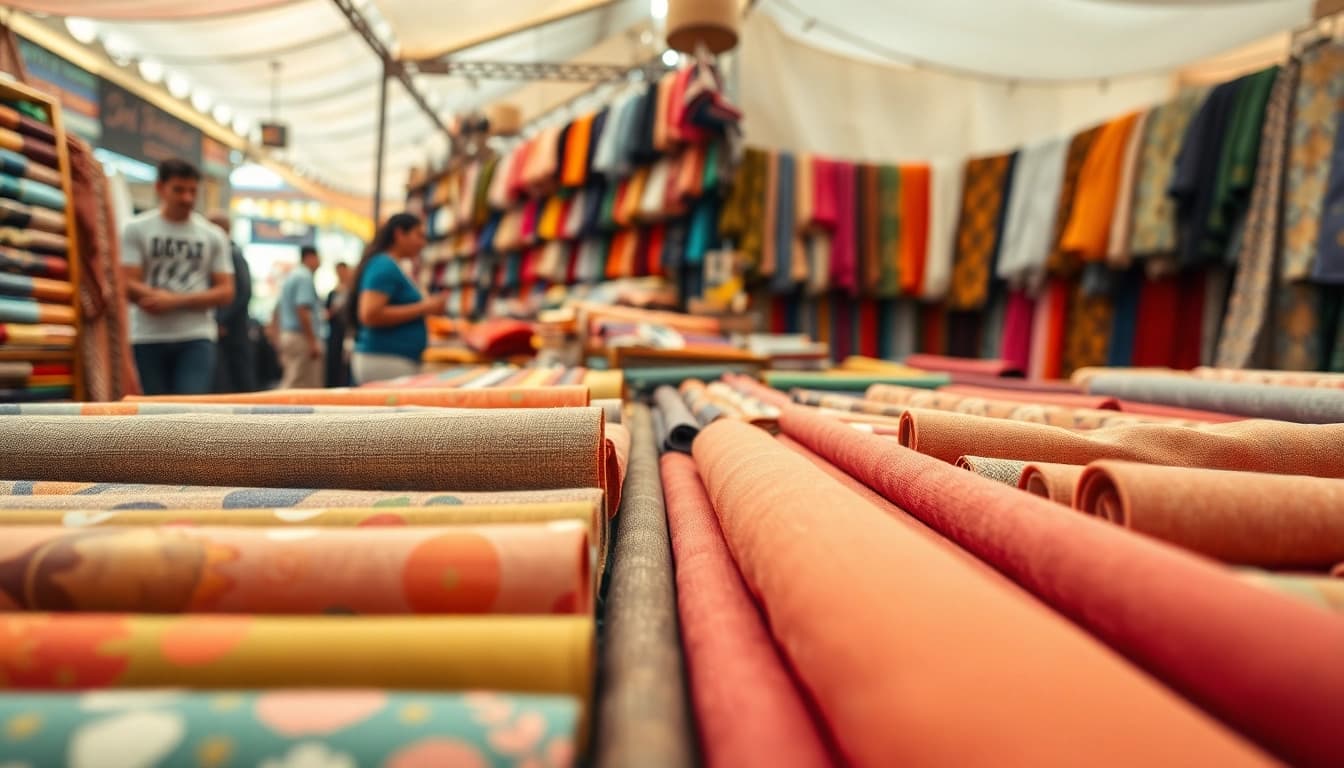 Katoen stof kopen in een kleurrijke marktsfeer met verschillende stoffen.