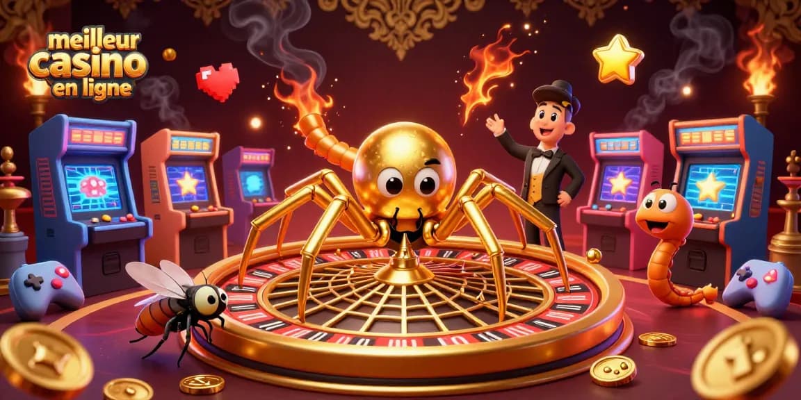 Pariez au meilleur casino en ligne avec une araignée dorée et des machines à sous colorées.