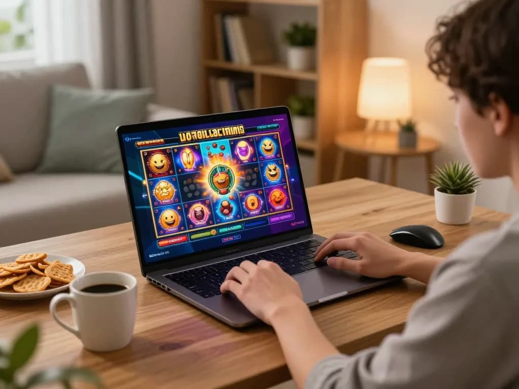 Engage in slot gacor malam ini with a vibrant online gaming setup showcasing exciting gameplay, snacks, and a cozy atmosphere.