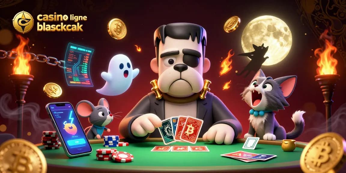 Découvrez le jeu de casino en ligne blackjack avec un chien bulldog monstrueux et des jetons flottants.