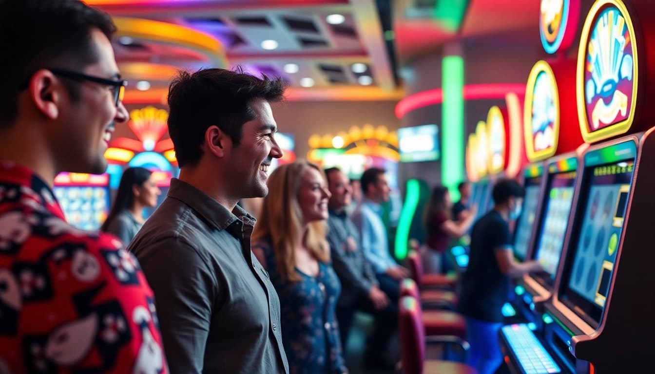 Jelajahi slot depo 1k dengan pemain yang menikmati mesin slot di lingkungan casino yang hidup.