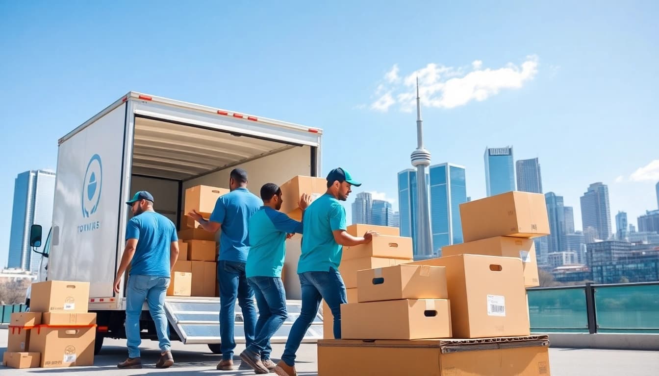 Toronto movers loading furniture into a modern truck against the iconic skyline.