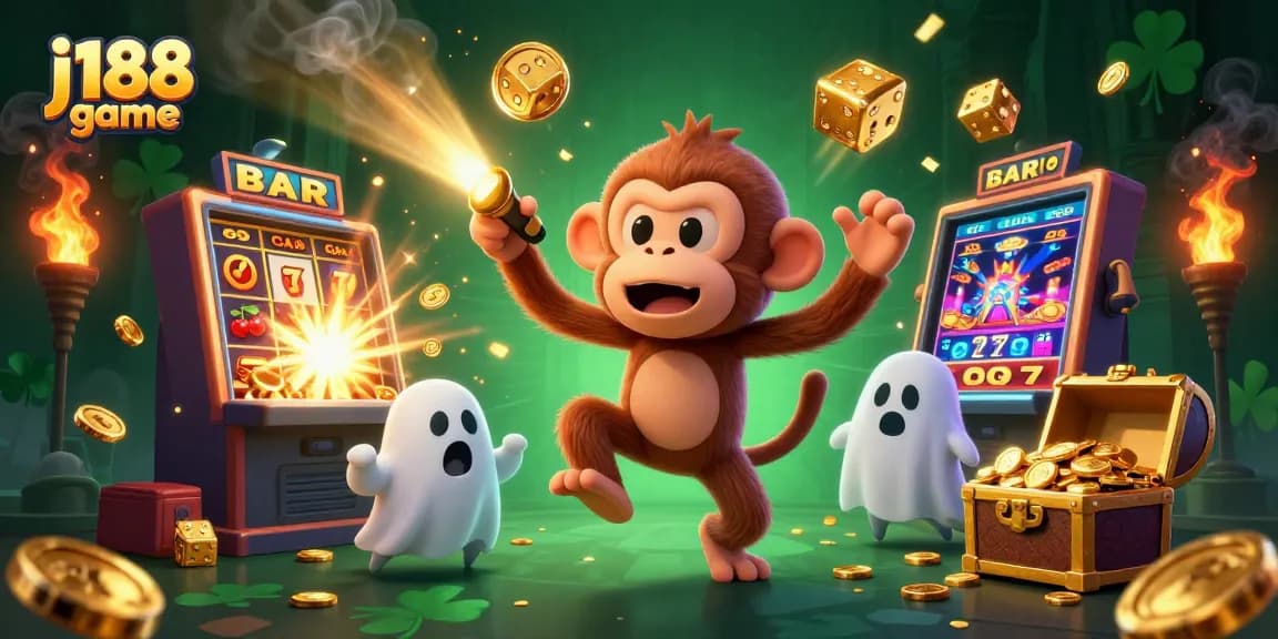 Engage with the exciting j188 game as a mischievous monkey juggles casino treasures in a haunted setting.