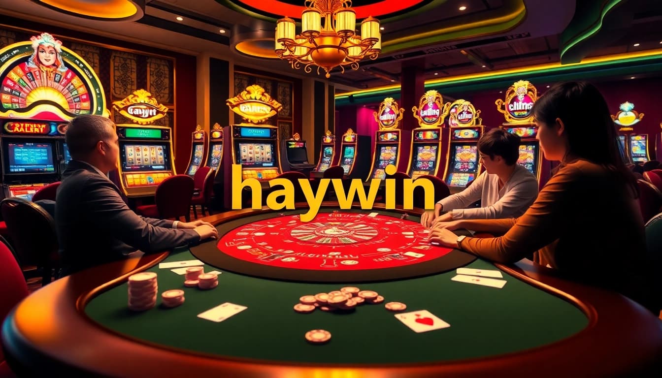 Engage in an exciting poker game at Haywin's luxurious online casino environment with vibrant chips and cards.