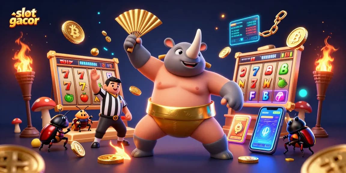 Experience slot gacor action with a vibrant 3D beetle champion surrounded by dynamic casino elements.