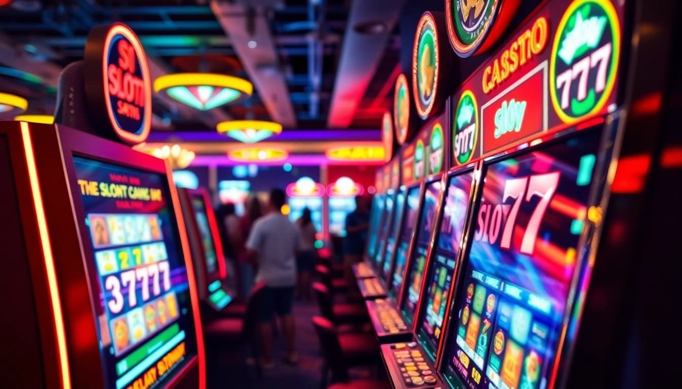 Permainan Slot77 yang menarik dengan mesin slot bercahaya dan pemain bersemangat.