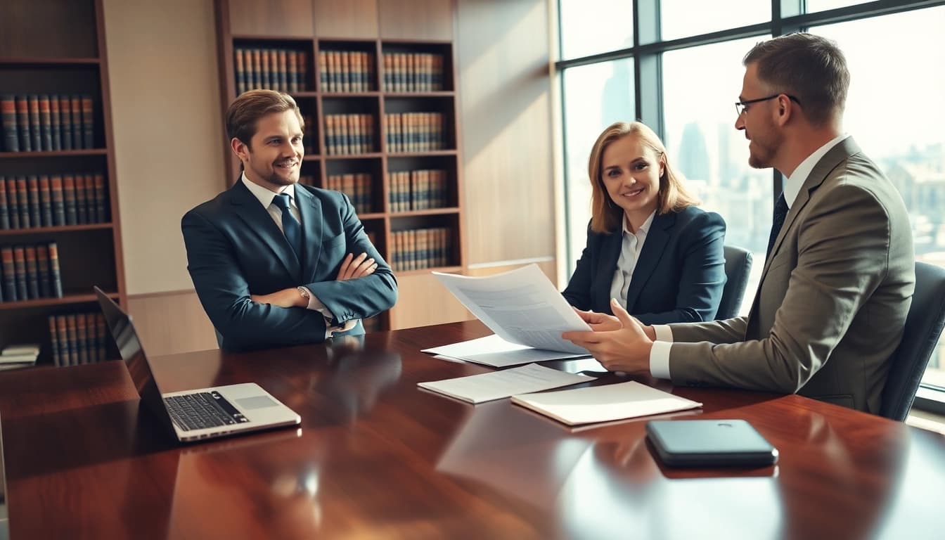 Eminent domain lawyer discussing legal details with a client in a modern office.