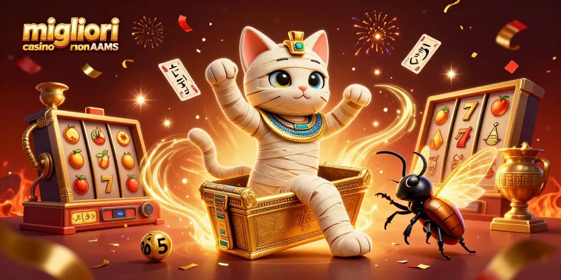Illustra i migliori casino non AAMS con un gatto mummia egiziano e simboli di gioco avvincenti.
