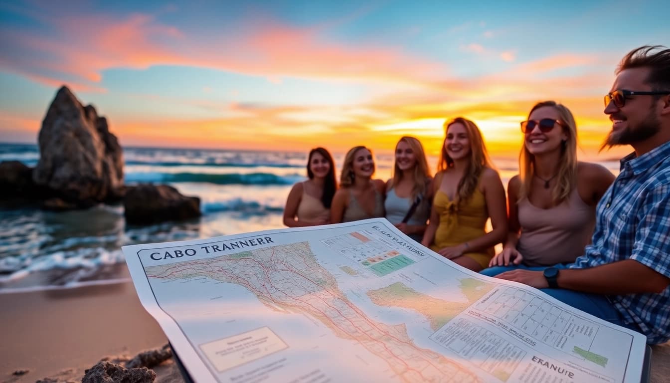 Cabo trip planner showcasing happy travelers by the beach during sunset with a travel map.