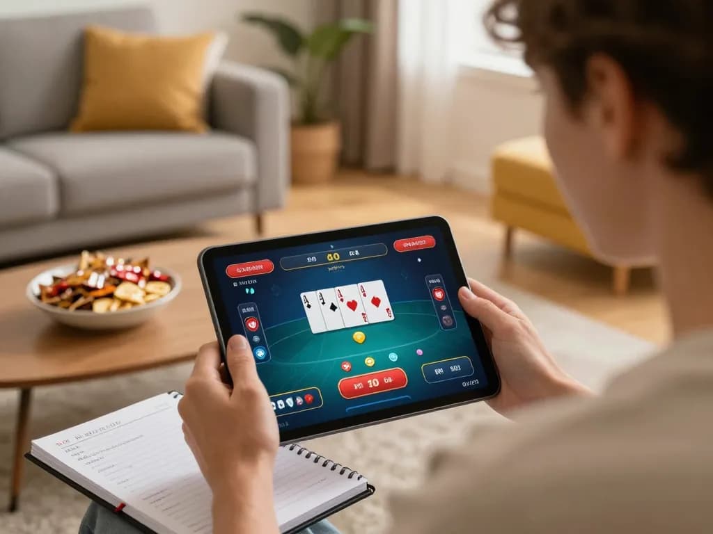 Person enjoying online poker on tablet at home, engaging with tg88-bm gaming strategies in cozy setting