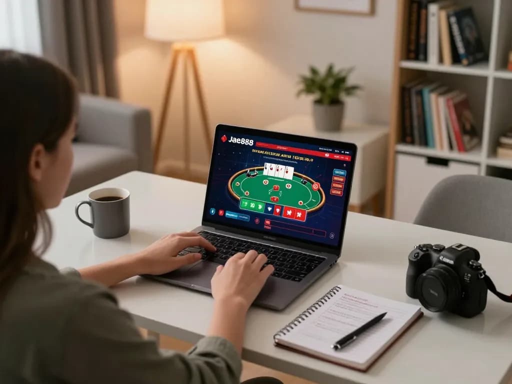 User engaged in strategic gameplay on jae888's online casino platform at home, showcasing a vibrant poker game.