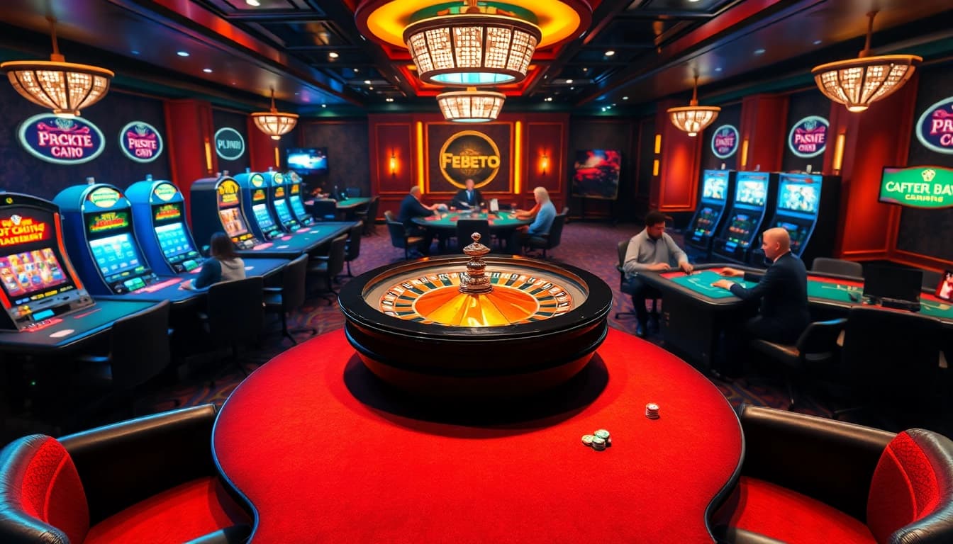 Engaging casino scene showcasing excitement at https://febet8.com with roulette, poker tables, and vibrant slot machines.