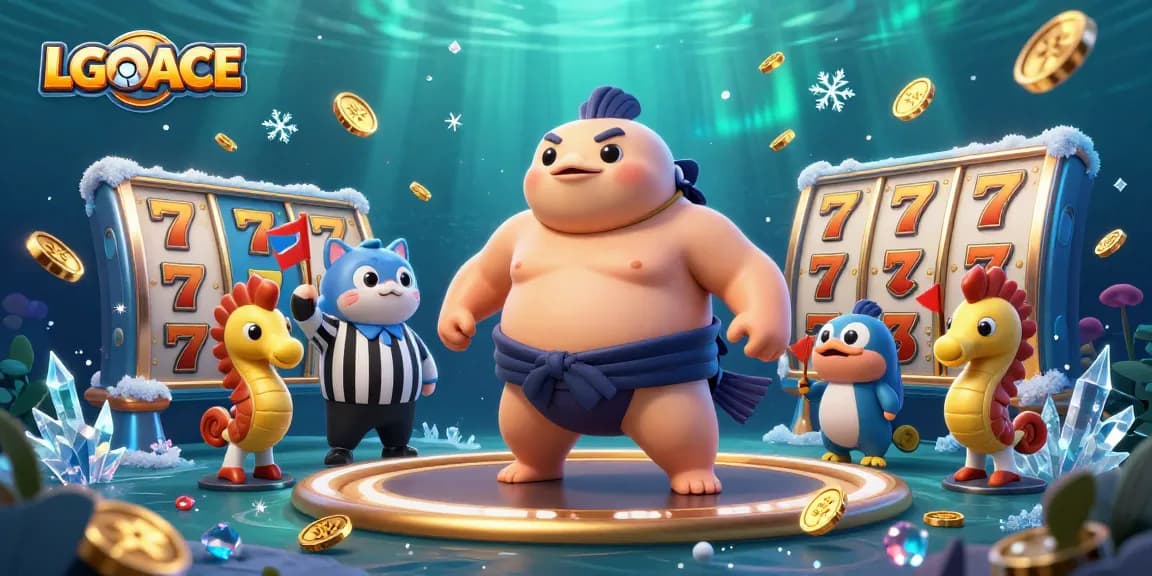 LGOACE showcases a vibrant underwater gaming scene with a fugu and slot reels, representing fun and excitement.