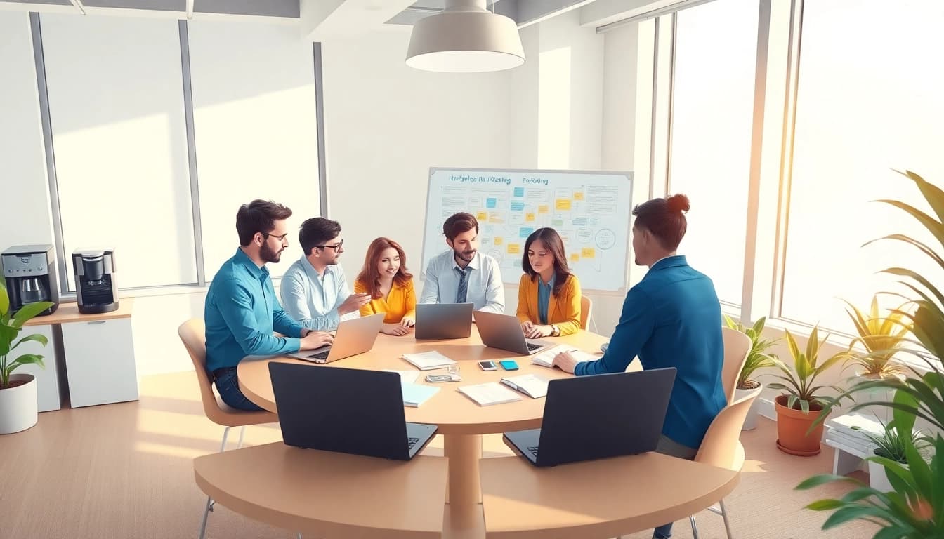 Team collaborating on Good Wolf Marketing strategies in a bright office space.