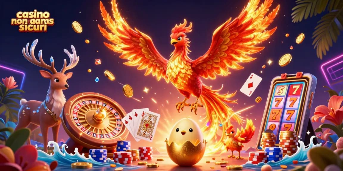 Vola verso i migliori casinò non AAMS sicuri, circondato da monete d'oro e giochi avvincenti.