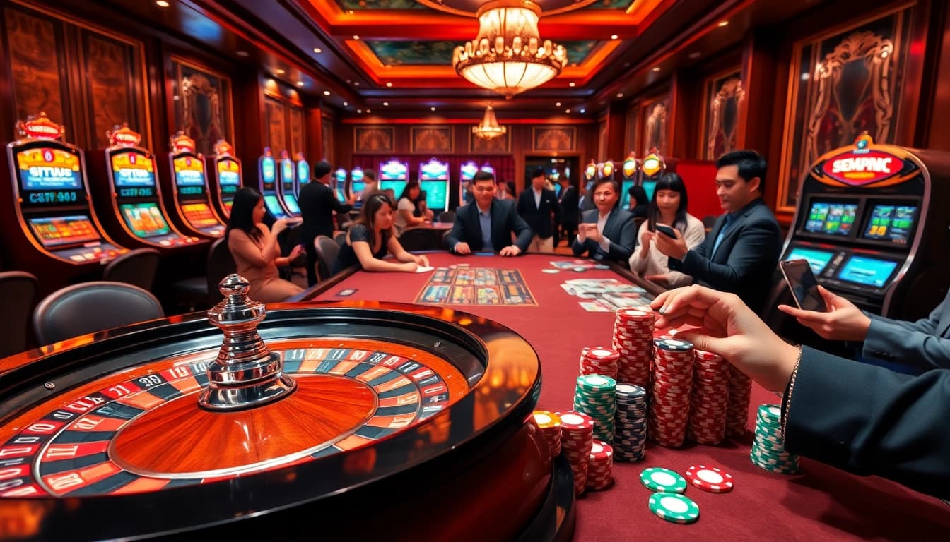 Experience thrilling gameplay at Situs Slot Terpercaya with casino tables, vibrant slot machines, and engaging players.