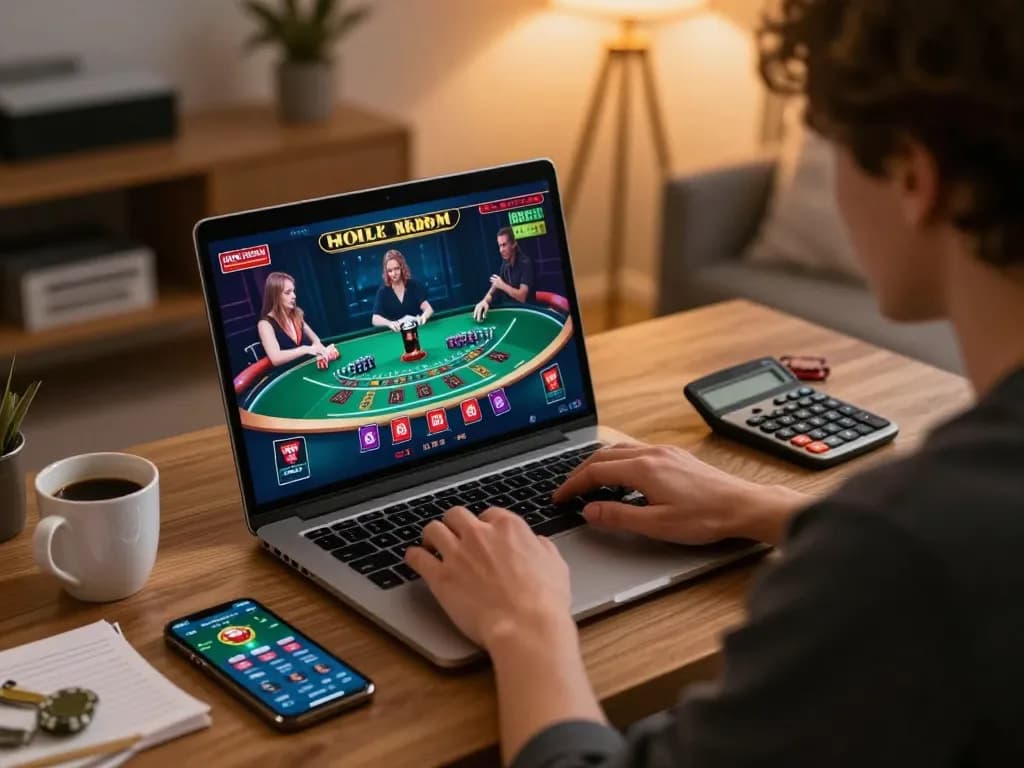 Professional gaming at home with 123b-bm laptop screen showing live dealer blackjack.