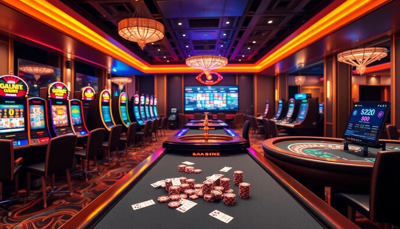Exciting scene of nhà cái cá cược s8 with vibrant casino tables and poker chips.
