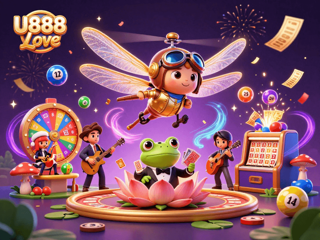 Experience the excitement of U888 Love with a thrilling casino scene featuring vibrant action and gaming elements.